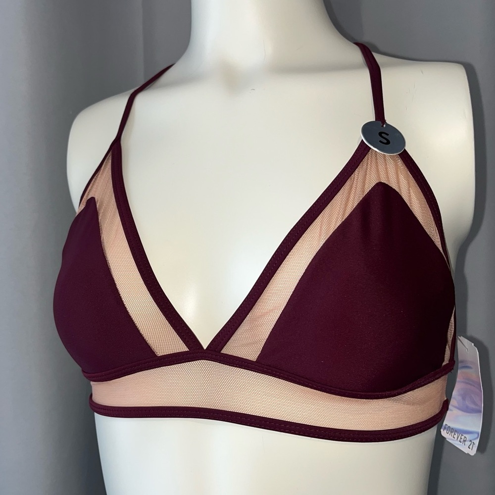NWT Forever 21 Mesh Halter Bikini Top Small - Burgundy / Wine / Nude